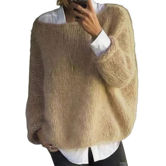 Women Sweater Round Neck Long Sleeve Loose Fit Knitting Tops Breathable Loose Hem Solid Color Knitwear