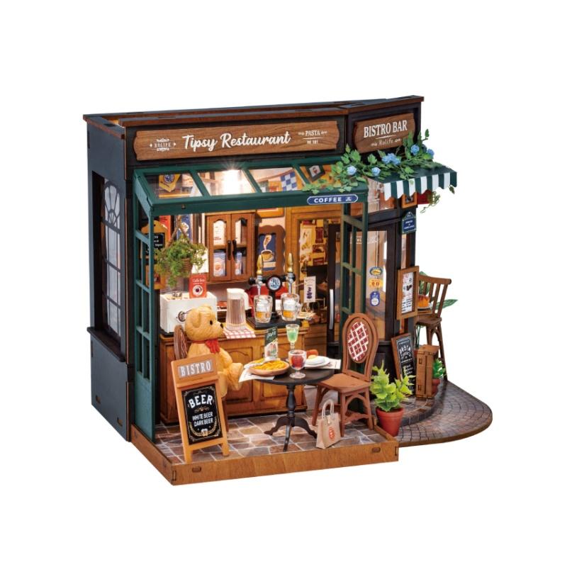 Robotime Rolife Tipsy Restaurant kit DIY Miniature House Kit Desk Bookshelf Decoration for Adults Gift Idea For Girls Boys Kids