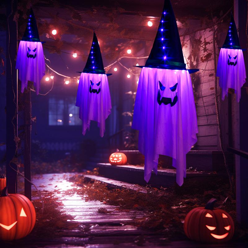 Halloween Decorations Flying Witch Hats Ghost Hanging LED Lights Bar Halloween Party Supplies Dress Up Glowing Wizard Ghost Lamp