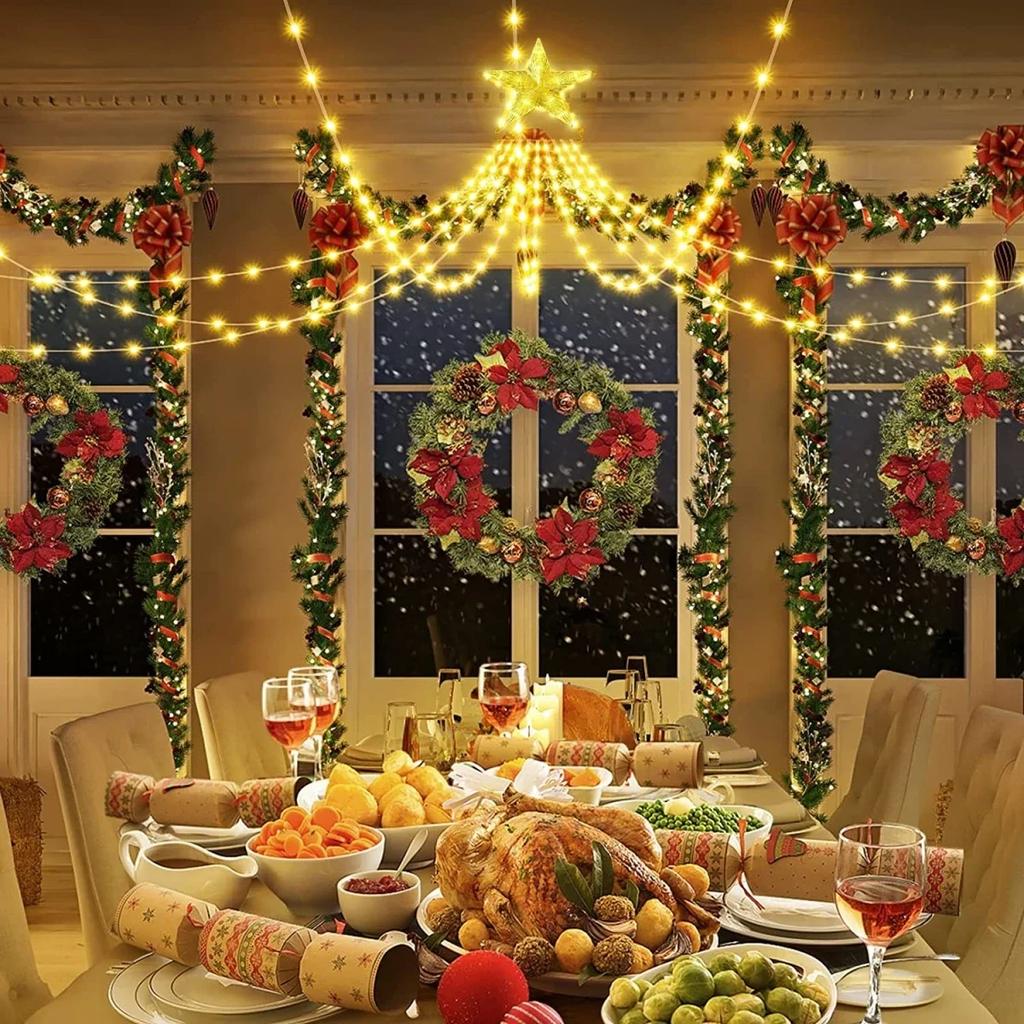 Christmas Decoration Star String Lights 300LED 8 Modes Waterfall Christmas Tree Fairy Lights for Outdoor Wedding Holiday