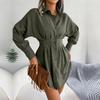 Women Autumn Winter High Waist Asymmetric Dress Shirt Solid Color Lantern Sleeve Lapel Neck Dress
