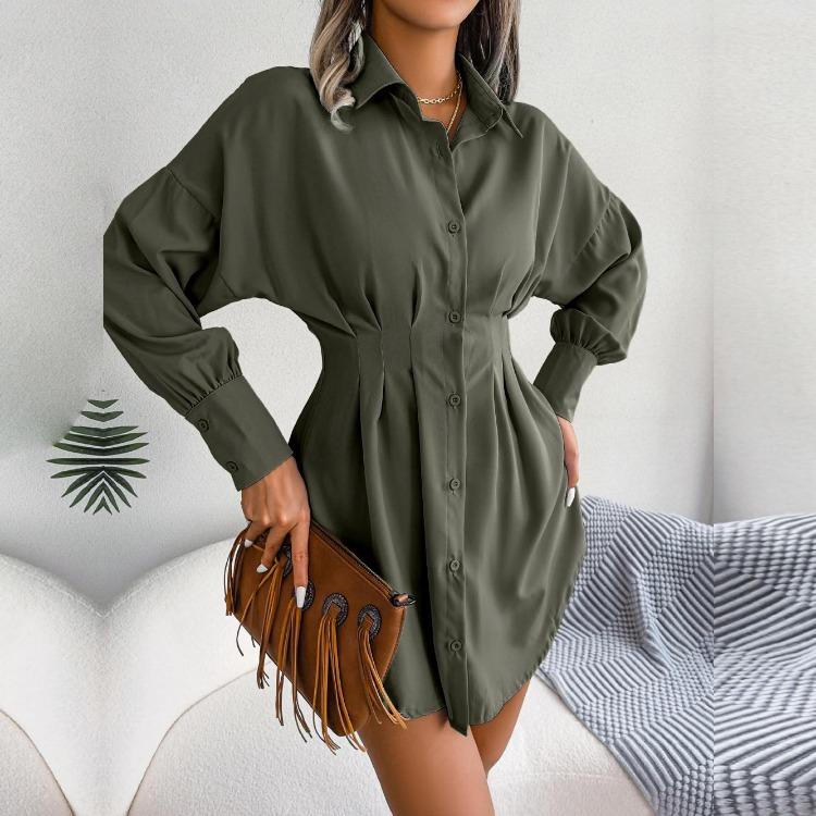 Women Autumn Winter High Waist Asymmetric Dress Shirt Solid Color Lantern Sleeve Lapel Neck Dress
