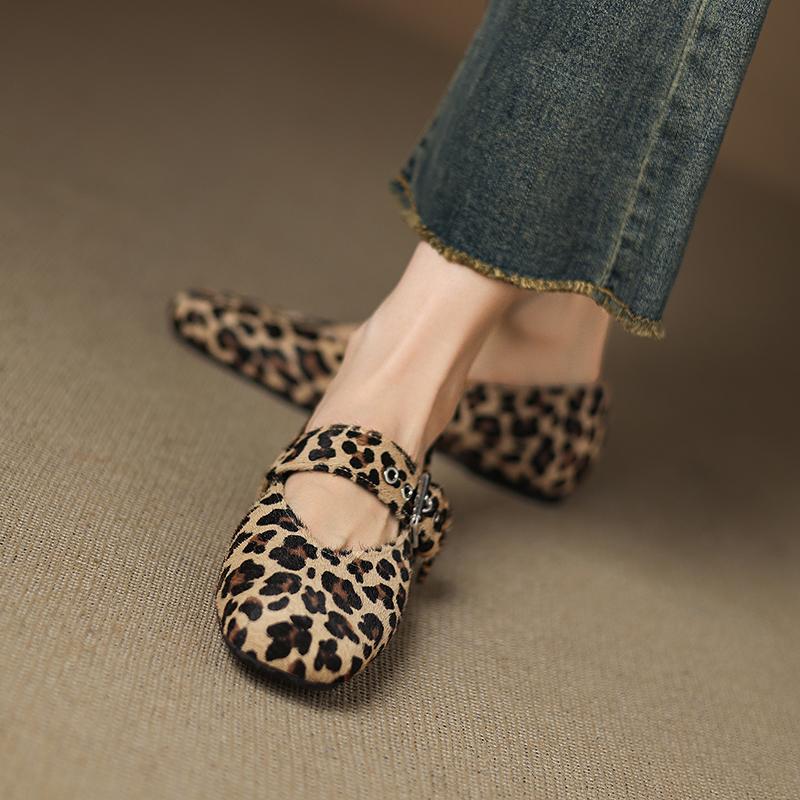 Fashion 2025 New Spring Women Flats Square Toe Low Heel Shoes Horsehair Women Shoes Concise Leopard Mary Janes Cow Leopard Print Shoes