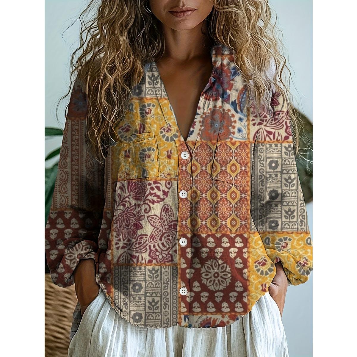 

Женская повседневная рубашка для работы в стиле вестерн с этническим геометрическим принтом, с длинным рукавом XXL