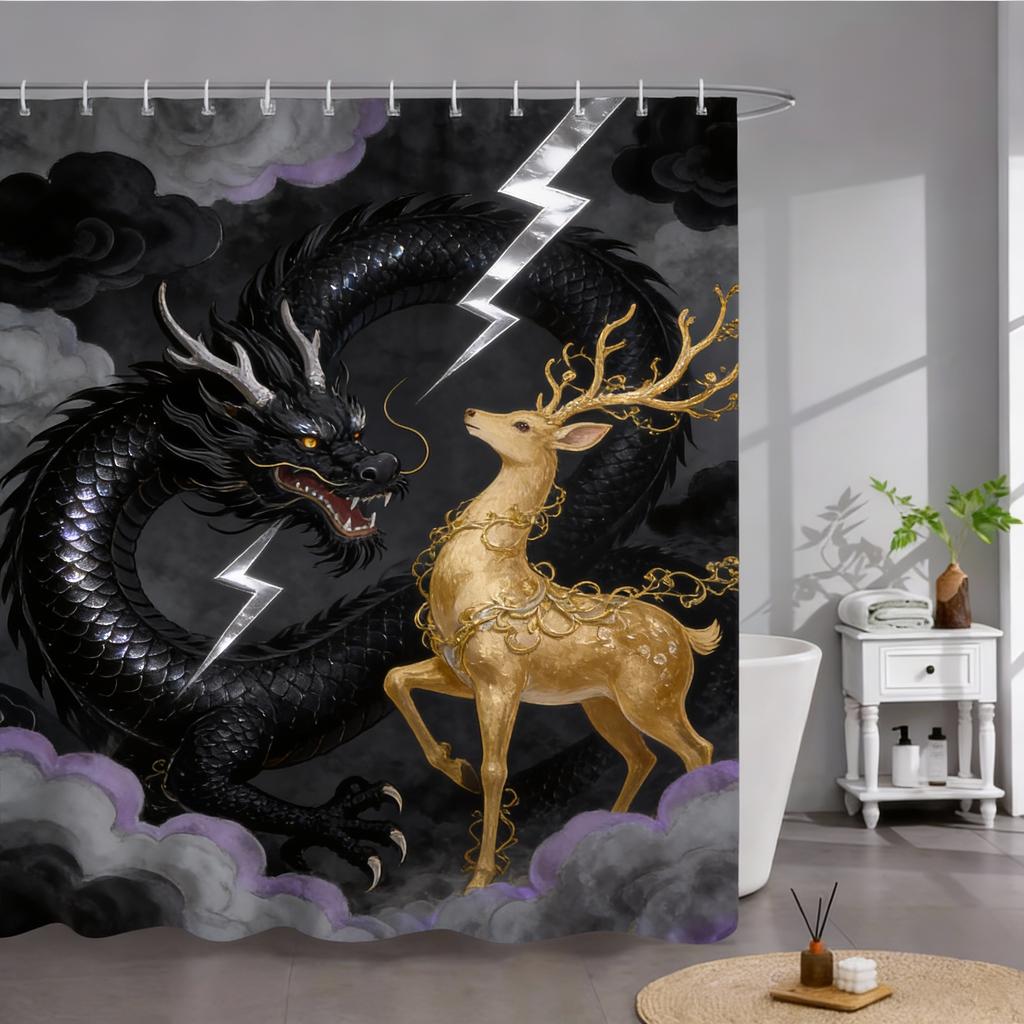 Dragon & Phoenix Print Waterproof Shower Curtain for Bathroom, Traditional Oriental Design High-End Toilet Partition Curtain