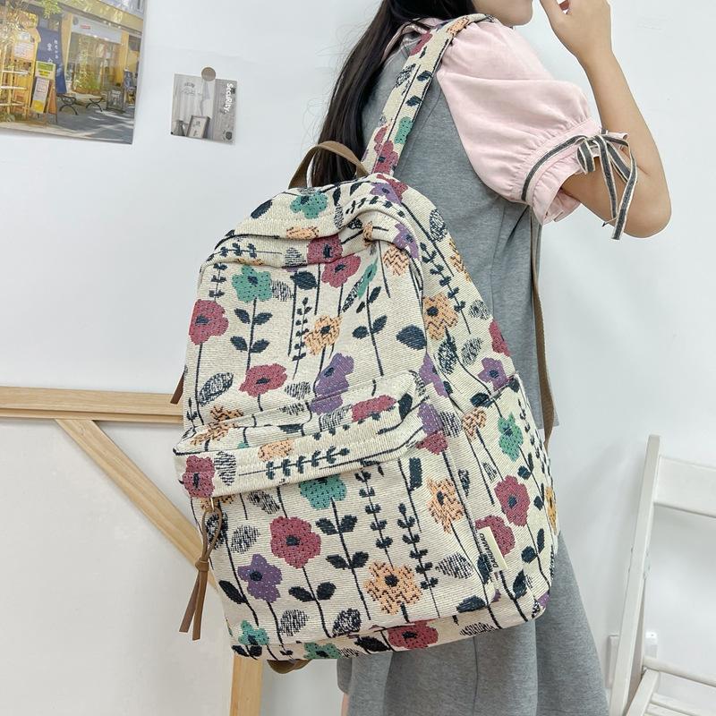 Schoolbag Retro Printed Female College Student Schoolbag for Travel Light Backpack Korean Version New Large-capacity Leisure Bag