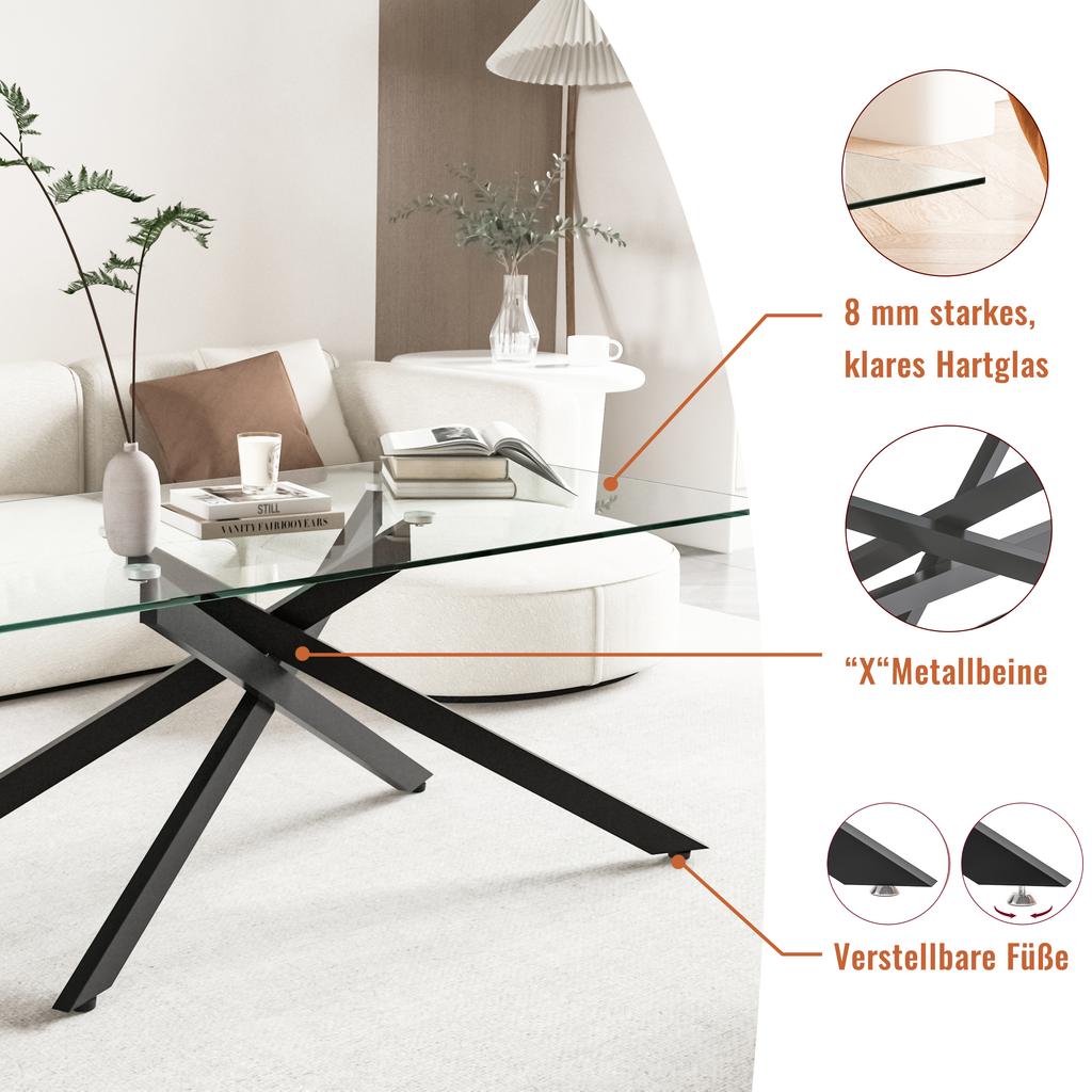 Coffee table made of tempered glass, rectangular coffee table, black shaped metal legs, modern living room table, black-H46/B100/T60 cm
