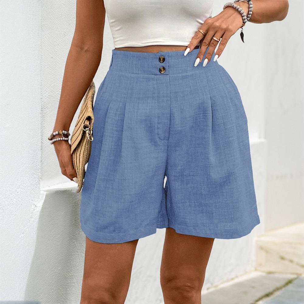 Women's Elastic High Waist Straight Leg Shorts Solid Color Button Pleated Casual Bermuda Shorts