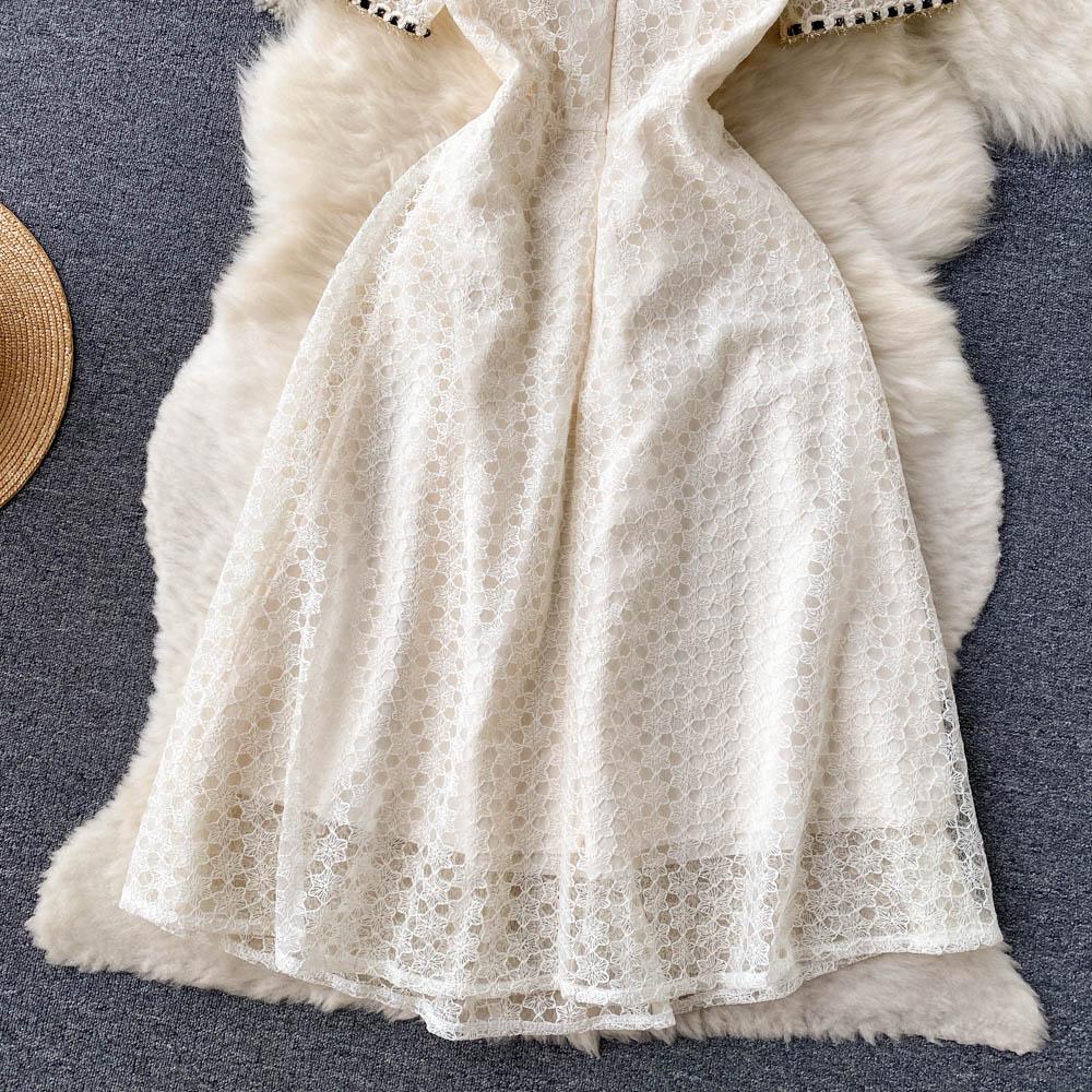 Summer Elegant Women Lace Embroidery Sweet Party Dress European Style Hollow Out Long Midi Dresses