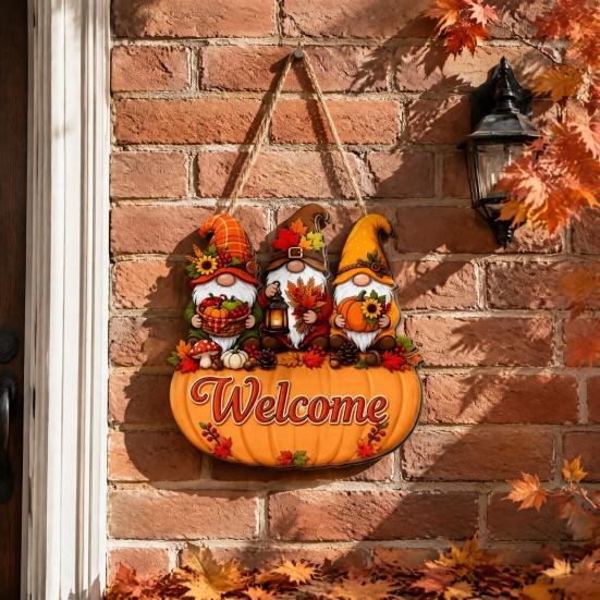 Festive Harvest Festival Decor Autumn Pumpkin Gnome Welcome Sign for Front Door, Rustic Wood Hanging Thanksgiving Wall Ornament with Hemp Rope