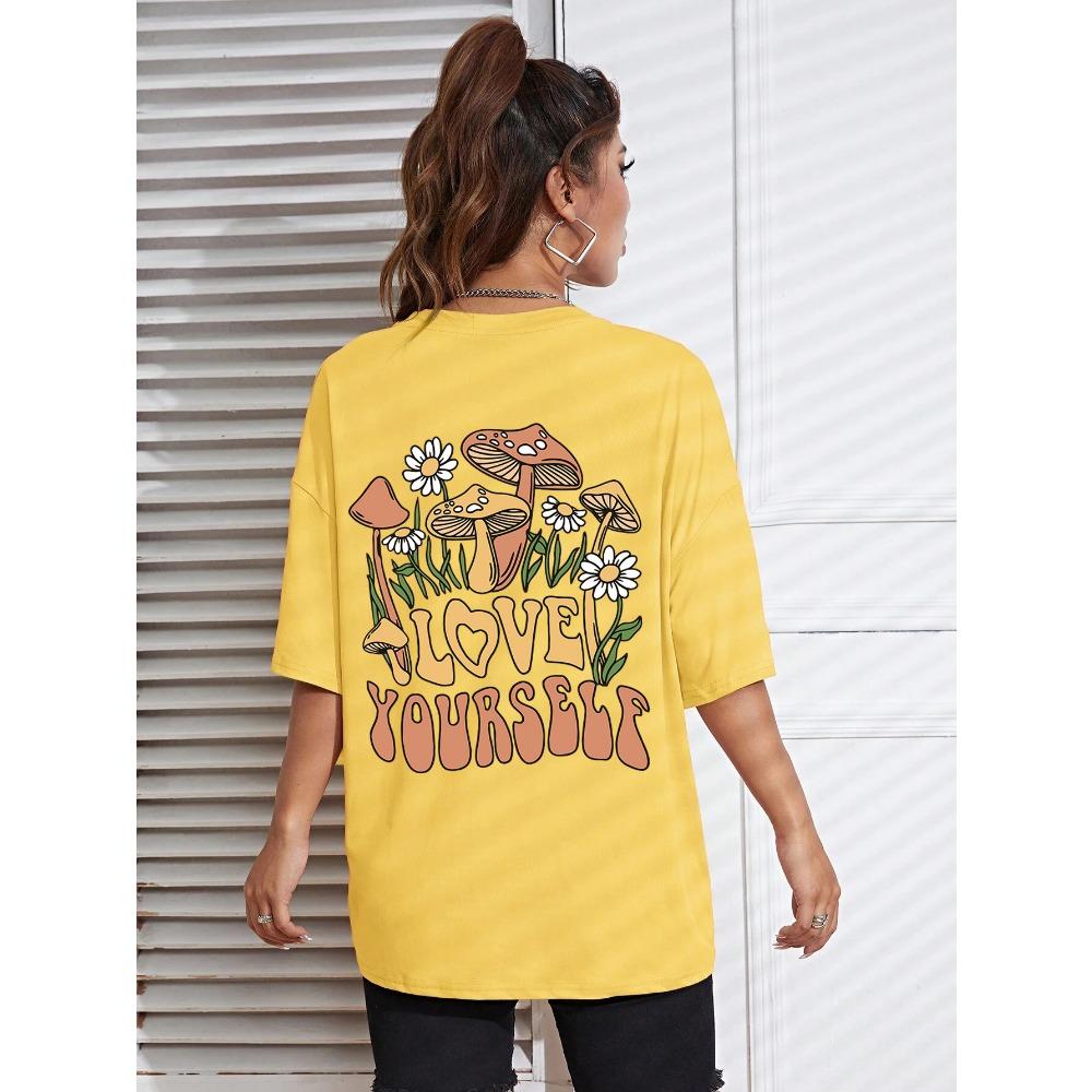 Love Yourself Grow Wantonly Cotton Prints Woman T-Shirt Essential Daily T-Shirt Personality Funny Short Sleeve Oversized Tshirts