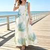 Sleeveless U Neck Maxi Dress,Women Teal Watercolor Floral Sundress,Big Flower Print,Summer Holiday Beach Outfit