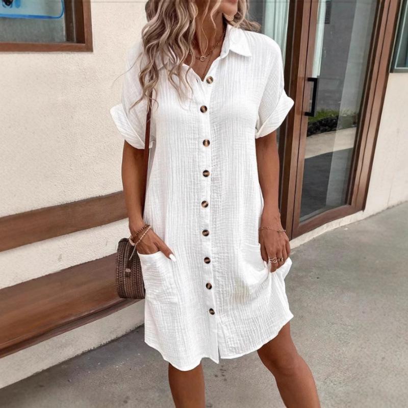 2026 Women's Mid-length Single-breasted Solid Color Short Sleeve Casual Dress