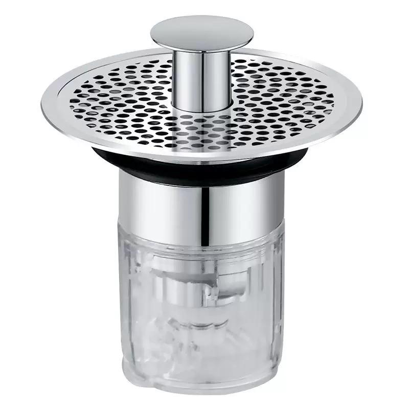 Brass Push-Type Sink Drain with 304 Filter Mesh, Insect-Proof, Anti-Clogging, Anti-Leakage, Anti-Odor Drain Plug with Pop-Up Core