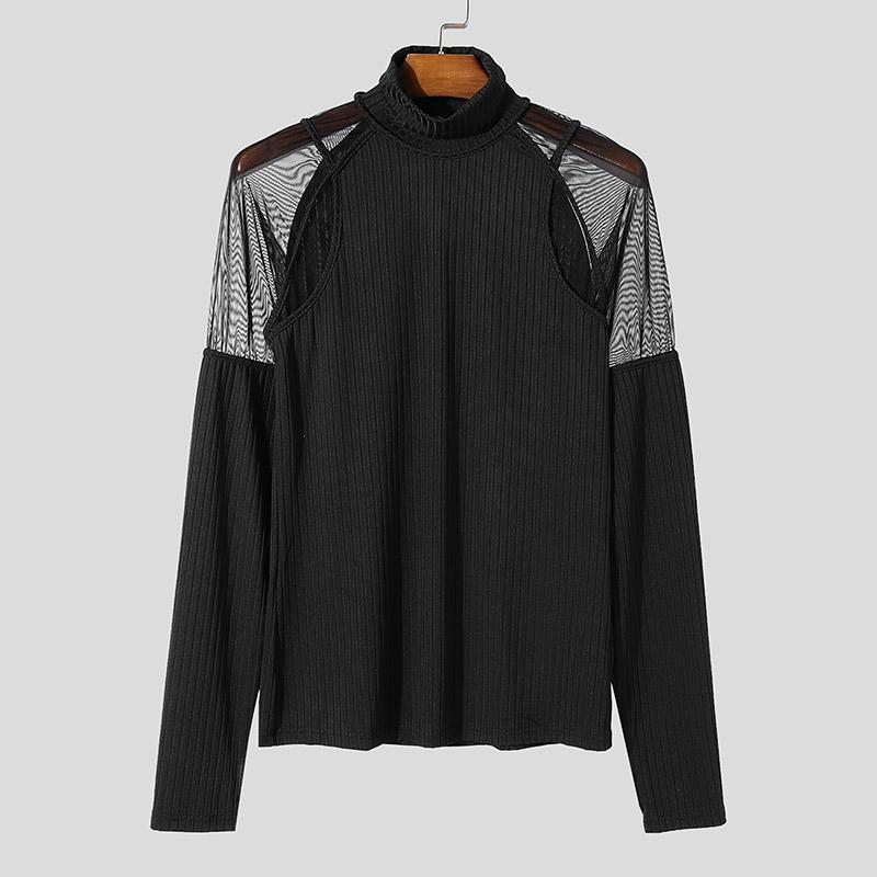 

INCERUN Мужской трикотаж с высоким воротом, сетчатая вставка, длинный рукав, облегающий топ, футболки M чёрный