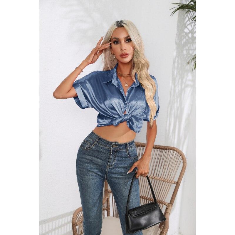 Summer Silk Shirts Women Button Up Satin Blouse Loose Office Short Sleeve Ladies Tops Casual Shirt Elegant