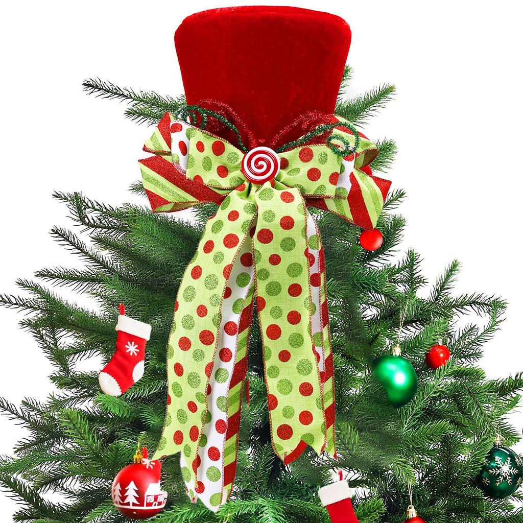 Christmas Tree Topper, 24 X 11 Inch Large Red Topper With Large Candy Bow, Christmas Tree Topper, Holiday Gift Decoration For Christmas Tree