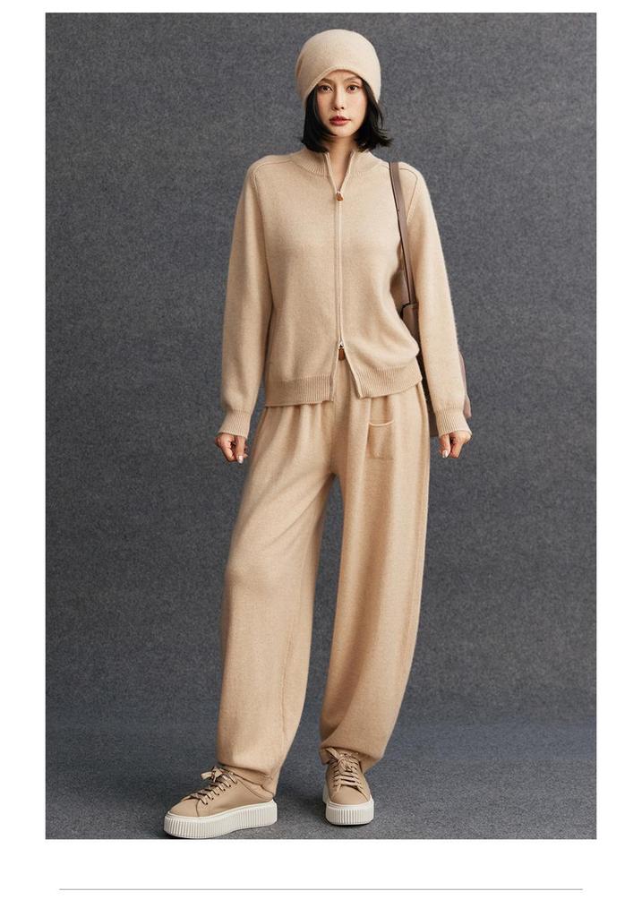 2025 Autumn/Winter Women's Cashmere Half-High Collar Cardigan with Double Zipper Pockets