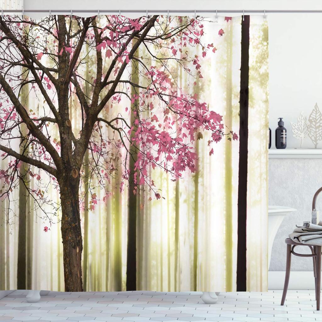 Autumn Shower Curtain,Fall Season Theme Forest Tree Leaves on An Abstract Woodland Background Bathroom Curtains with Hooks