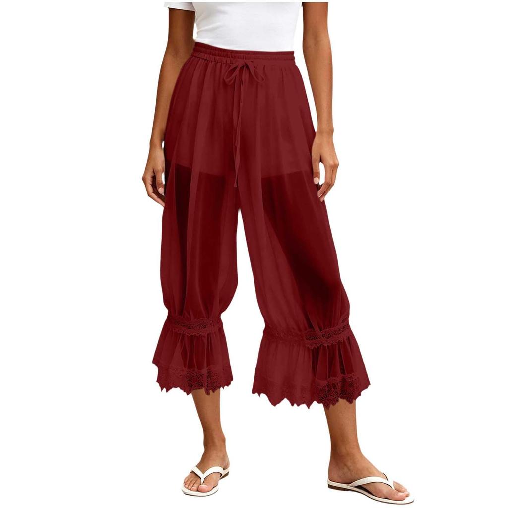 Women's Casual Pants with Lace and Sheer Mesh Trim, Lined, for Everyday Wear