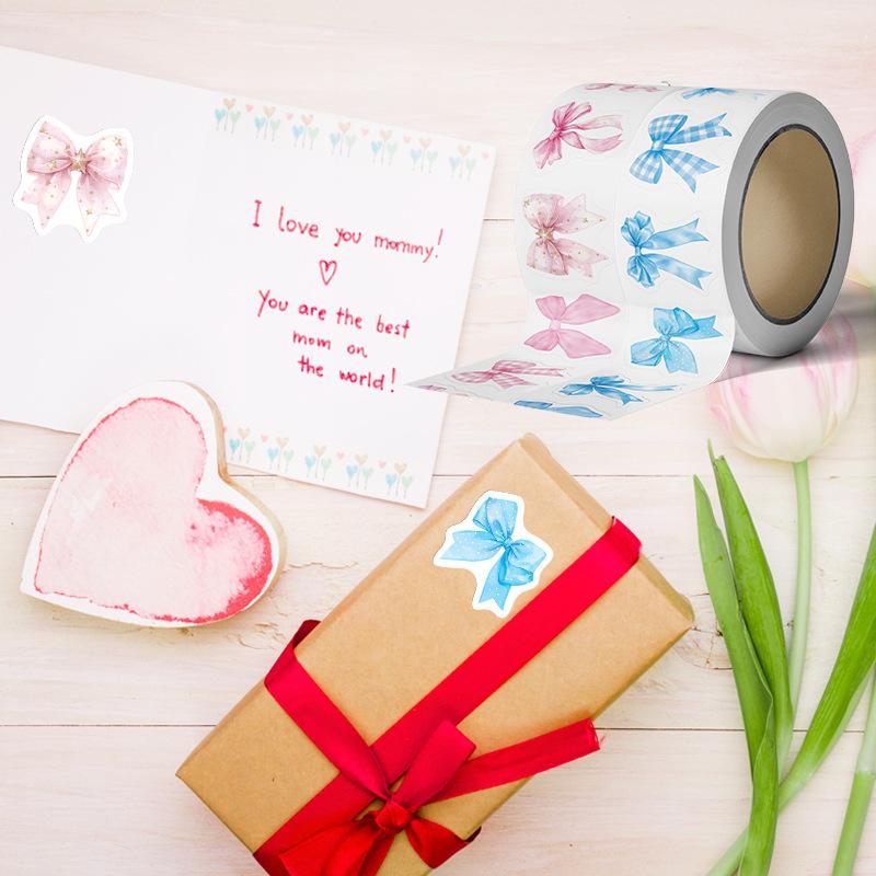 500Pcs/Roll Bow Print Stickers Waterproof Self-Adhesive Decals for Laptop Scrapbook Journal Packaging Decoration