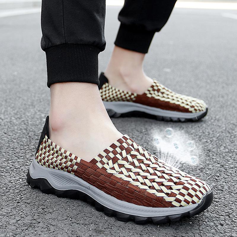 Summer Men Sneakers Braid Beach Shoes Casual Weave Blue Grey Breathable Slip on Flats Tennis Sneakers