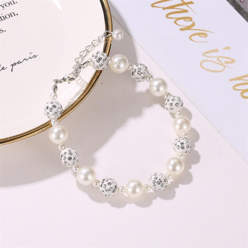 Pulseira de Charme com Mão de Pérola Branca Totalmente Bordada com Cristais para Meninas Nova Estilo Coreano Pulseiras com Contas de Pérola Barroca para Mulheres