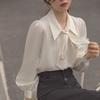 Women Long Sleeve Bow Tie Lace Up Solid Casual Shirt Blouse Top