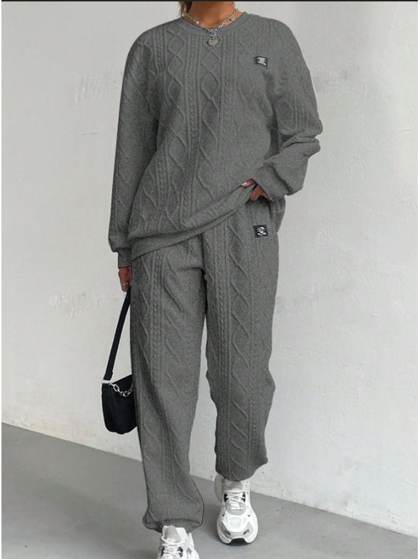 2025 Damen Zopfmuster Patchwork Langarm Top & Jogginghose Set - Frühling/Herbst Kollektion