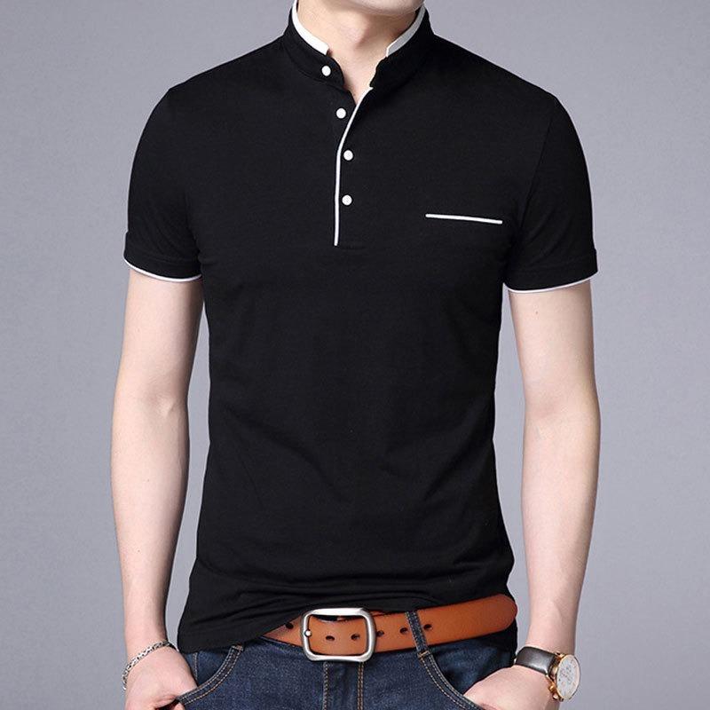 Mens Stand Collar Short Sleeve Slim Fit Big Size Solid Casual T Shirt