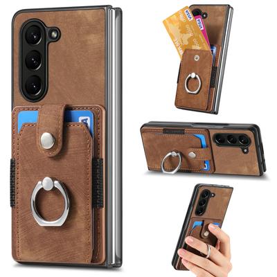 Ring Wallet Case with Card Holder Phone Case for Samsung Galaxy Z Fold 7 6 5 4 3 Fold7 Fold6 Retro Leather Protective Cover