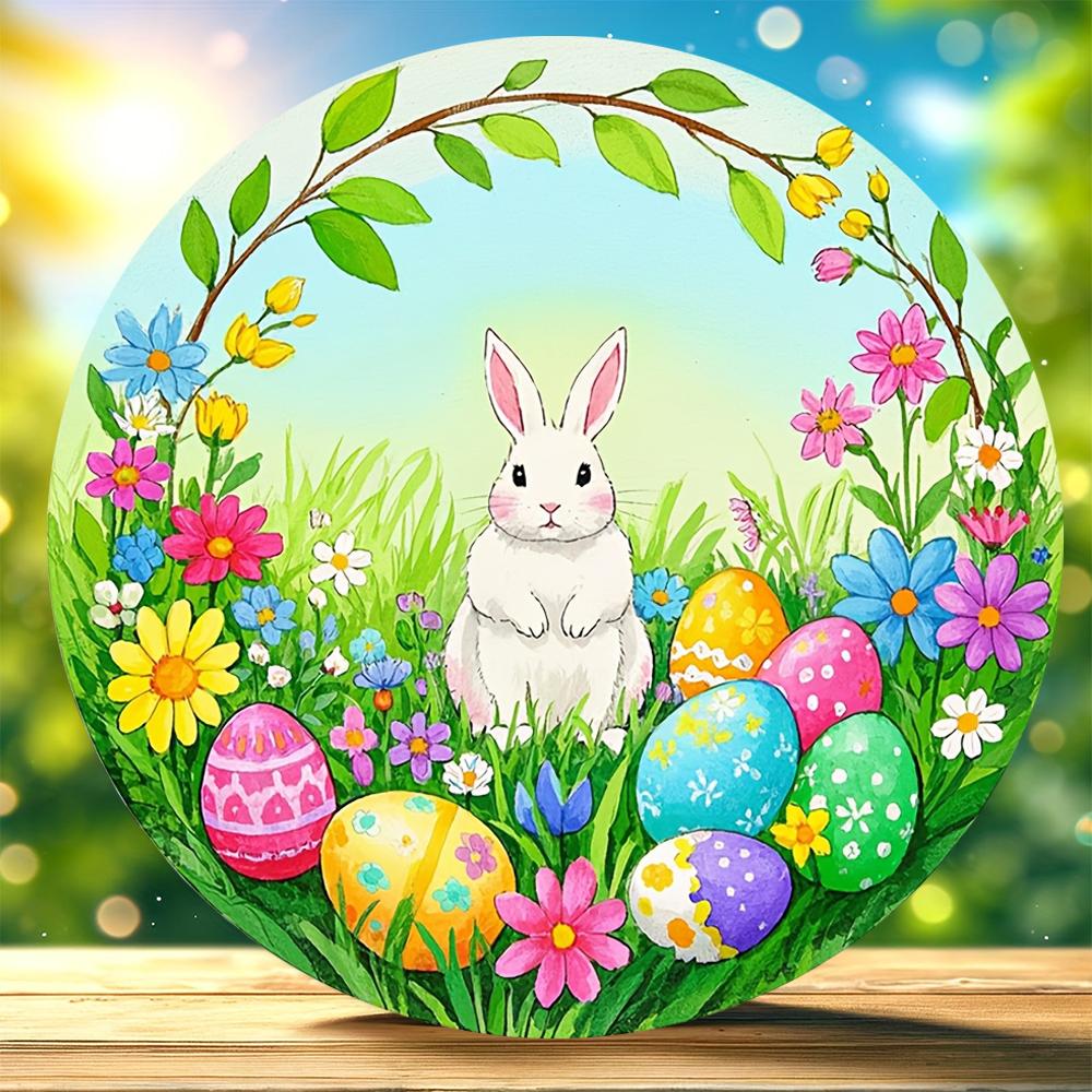 1 Piece of Farmhouse Wooden Easter Logo, 7.87 Inches X 7.87 Inches Round Sign, with Rabbits and Chickens, Festive Wall and Door
