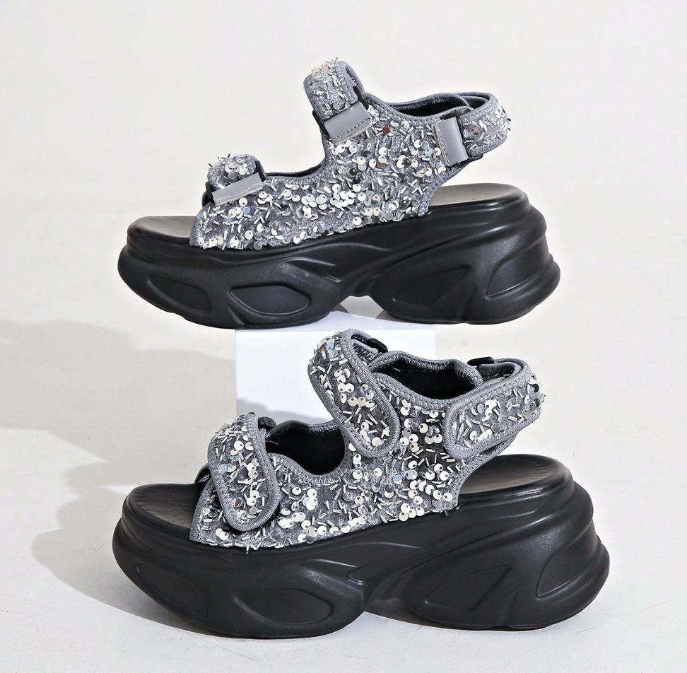 New casual sandals muffin Velcro large size foreign trade platform sandals denim women's shoes