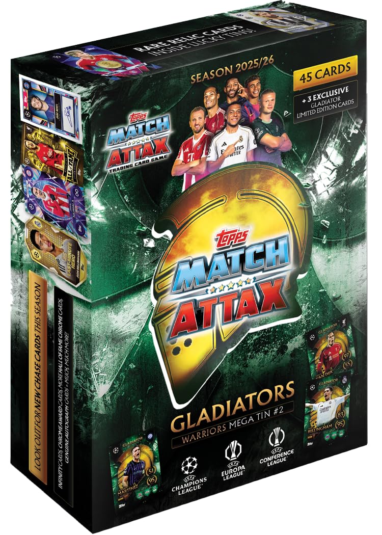 Topps UCC Match Attax Случайная Мега Банка Содержит 45 карт Match Attax и 3 карты Gladiator LE 2025/26.