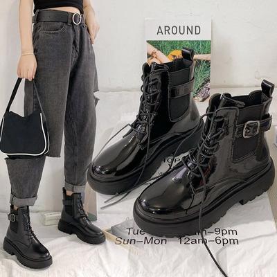 Mode Stiefel Damen Motorrad Stiefeletten Keile Damen Schnürung Plateaus Herbst Schwarzes Leder Oxford Schuhe Frau 2024 Stiefel Frau