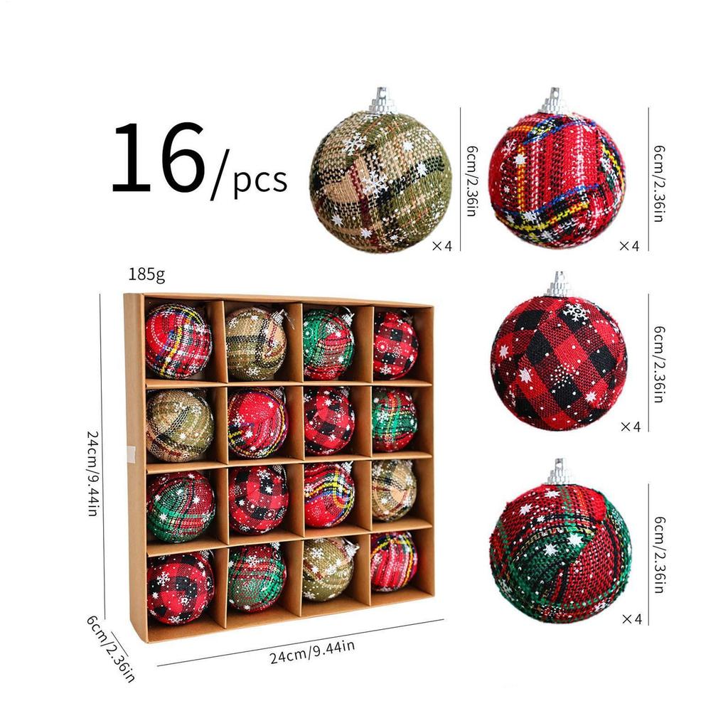16pcs 6cm Christmas Balls Decorations Plaid Fabric Balls Christmas Tree Hanging Decoration For Home Bedroom Window Display