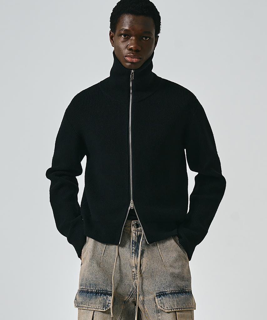 Noirer High-Neck Zip-Up Knit Jacket (Black)