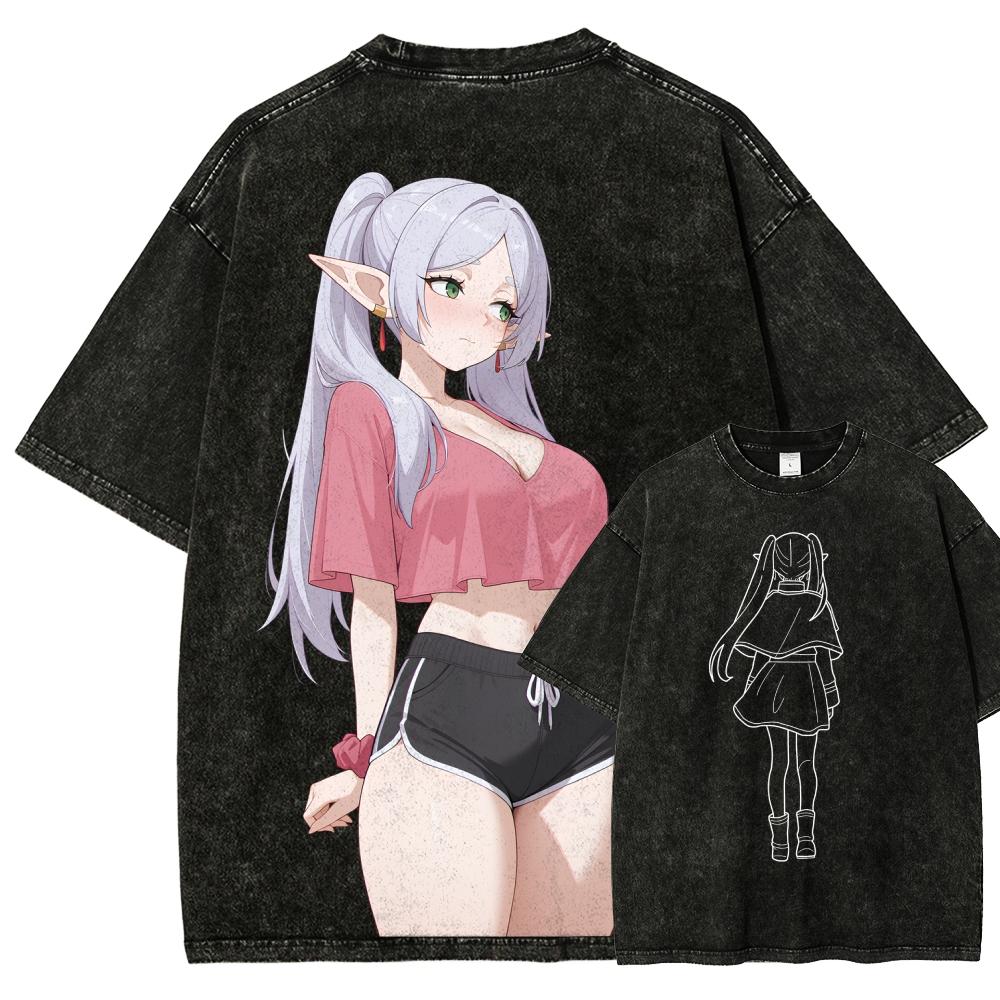 

Frieren T-shirt Men Washed Oversized Cotton Anime Casual Short Sleeve Comfortable Soft Clothing Loose High Quality Female Male Tee Shirt L синій