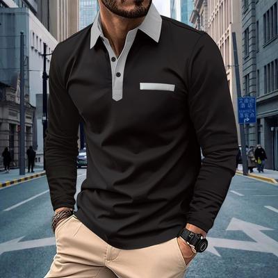 Autumn New Men's Casual Button Down Lapel Pocket Solid Colour Long Sleeve Polo Shirt