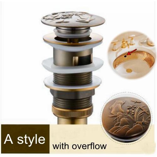 Bathroom Lavatory Basin Sink Pop Up Drain with Round Carved Cover  Brass with & Without Overflow Vanity Sink Waste Drainer