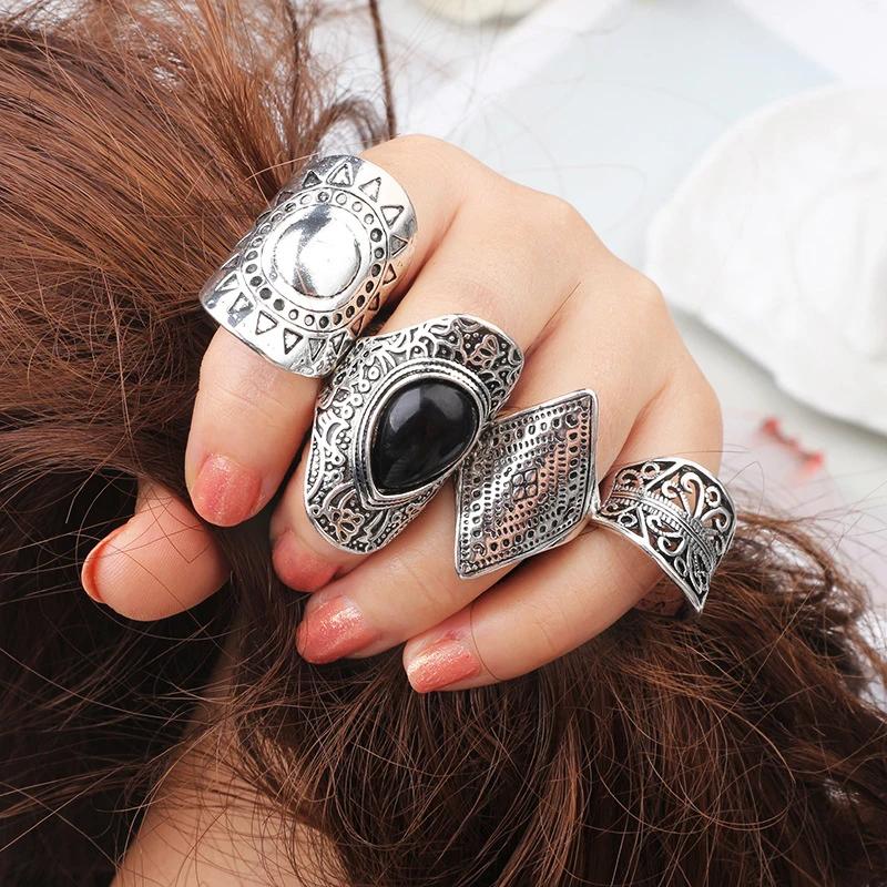 Zigeuner Ethnischer Stil Vintage Goth Silberfarbe 4 Stück/Set Blätter Dreieck Edelstein Kristall Midi Knöchelringe Für Frauen