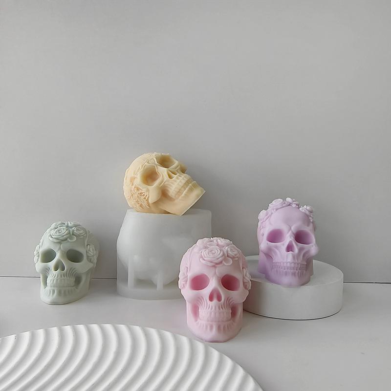 3D Rose Flower Skull Candle Mold Silicone Soap Candle Polymer Clay Plaster Making for Home and Office 3D Halloween Decoration