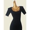 Foreign Trade Original Order Square Collar Rib Hip Skirt Western Style Side Slit Slim fit Bottoming Knitted Short sleeve Dress