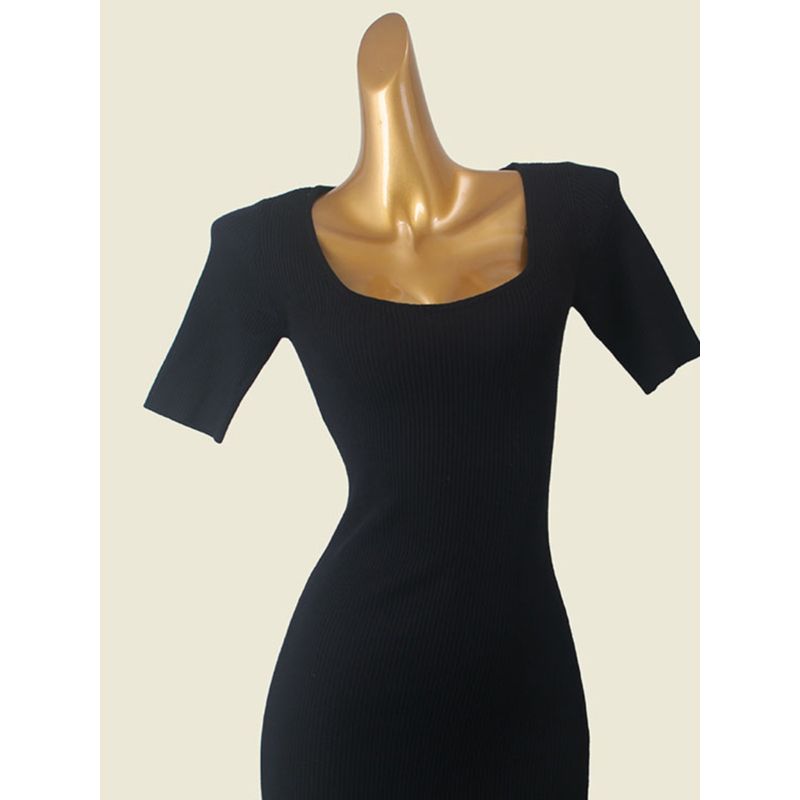 Foreign Trade Original Order Square Collar Rib Hip Skirt Western Style Side Slit Slim fit Bottoming Knitted Short sleeve Dress