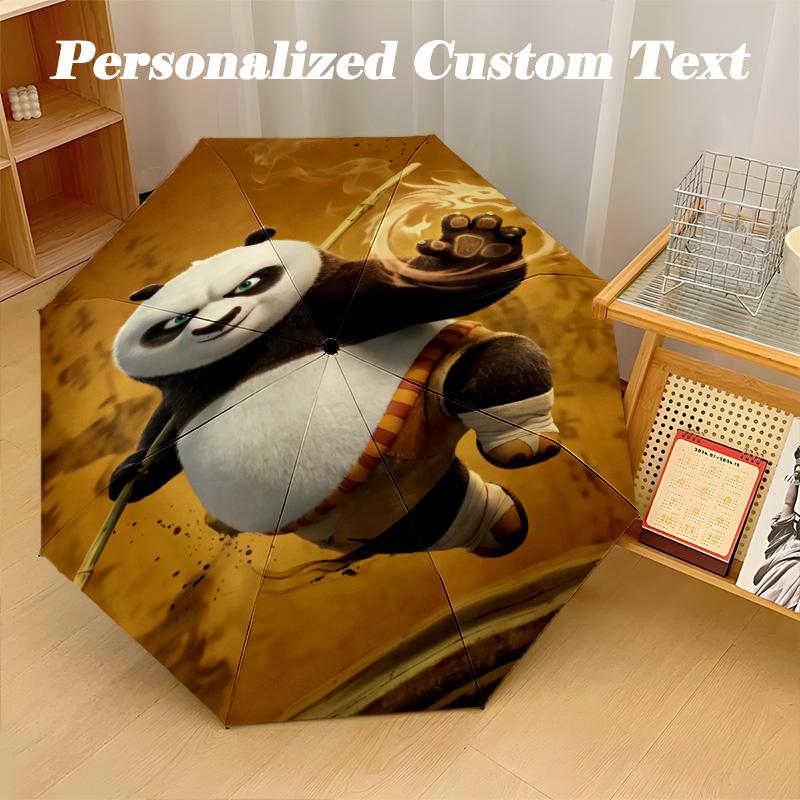 8‑Rib Automatic Umbrella, Kung Fu Panda Design Foldable Umbrella for Sun Rain Protection Travel