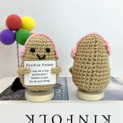 New Positive Crochet Headset Potato Doll with Card for Cheer Up Gifts and Party Decor Handmade Knitted Pencil Doll Desk Ornament