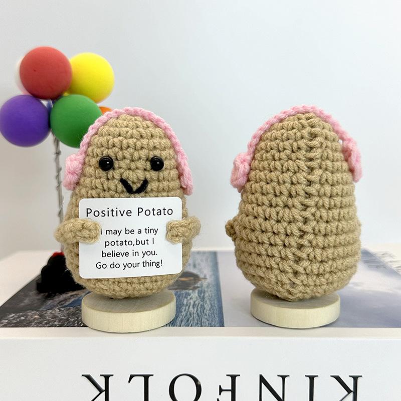 New Positive Crochet Headset Potato Doll with Card for Cheer Up Gifts and Party Decor Handmade Knitted Pencil Doll Desk Ornament