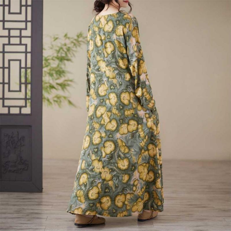 Loose Printed Round Neck Long Sleeve Dress Women's Long Dresses