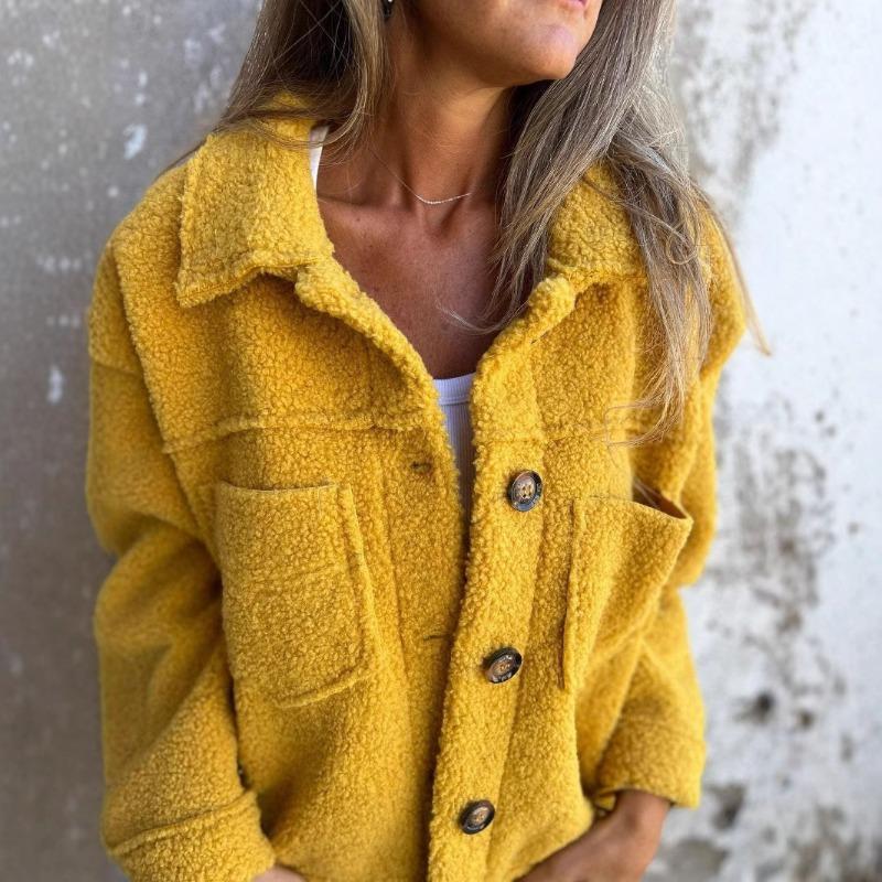 Pink Fashion Autumn and Winter Lapel Single-breasted Women's Lamb Wool Jacket, Simple and Versatile Women's Long-sleeved Top