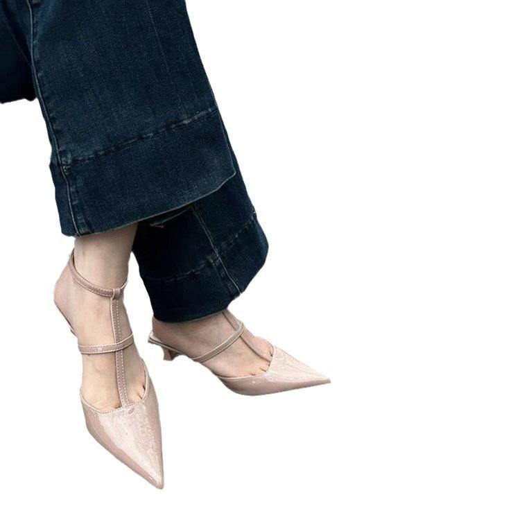 2025 Spring and Summer New Patent Leather Cross Strap Pointed Heel Middle Heel Single Shoes Empty Bag Head High Heel Sandals